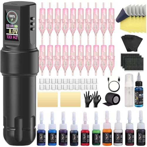 EIPTWH Komplettes Rotationsmaschinen-Set mit kabelloser Stromversorgung 20 Stück Patronen Nadeln RL RM 10 Tintenfarben blaues Seifen-Transferpapier für Anfänger Künstler