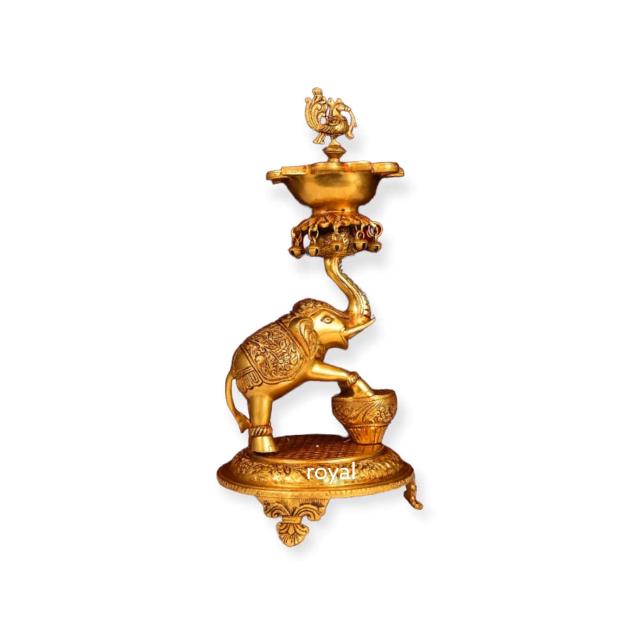 IYI MERCHANT Brass Elephant Diya Stand | Golden Color Elephant Statue Brass Diya Stand for 5 Wicks | Peacock Diya on Dancing Elephant | LxWXH - 21.5x21.5x45.7 cm, Wt. - 7 Kg