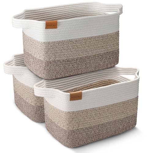 Image of BROVIEW Storage Baskets 18L Woven Baskets, Cotton Rope Basket for Shelves, Rectangle Basket for Organizing Clothes Toys Towel Book, Closet Organizers, 14.5 x 9.8 x 8.6, Gradient Brown 3 Pack