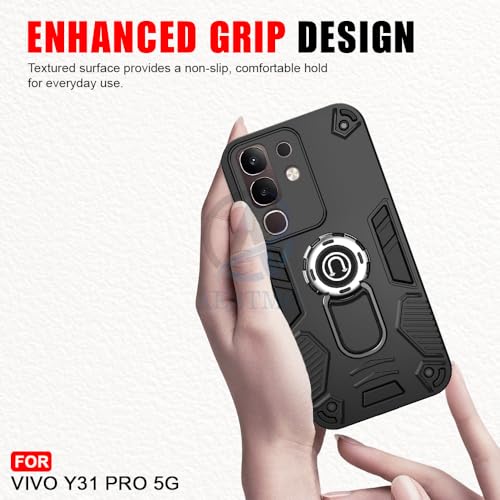 Image of AESTMO Vivo Y31 Pro 5G 5G Back Case Cover | Tough Armor Bumper | Ring Holder & Kickstand in-Built | 360 Degree Protection Cover for Vivo Y31 Pro 5G (Black)