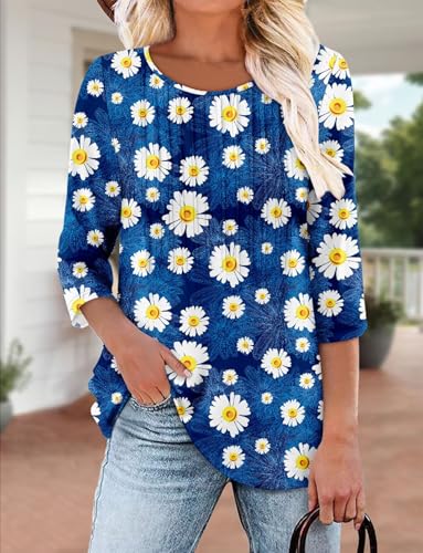 KISSMODA Tunic Tops for Women Loose Fit Dressy Round Neck Pleated 3/4 Length Sleeve Spring Tops
