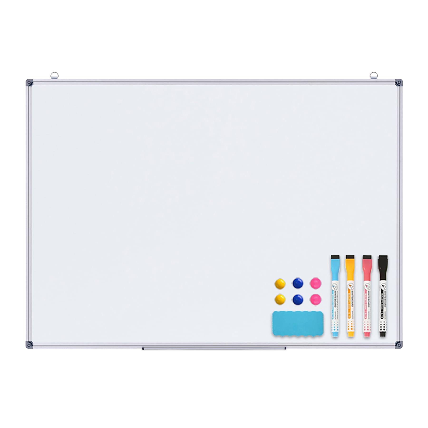simpa Magnetic Dry Wipe Whiteboard with Silver Aluminium Frame and Pen Tray, 4PC Dry Wipe Pens, 6PC Magnets & White Board Eraser - 105cm (W) x 75cm (H)