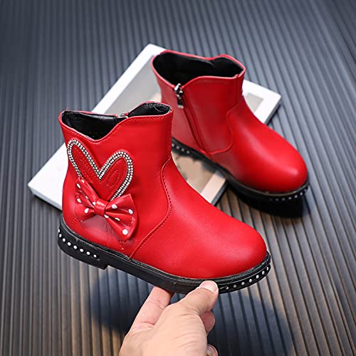 Fashion Winter Girls Booties Low Heel Flat Bottom Non Slip Rhinestone Bowknot Side Zipper Comfortable Girl Boots (Red, 11-11.5 Years Big Kids)4