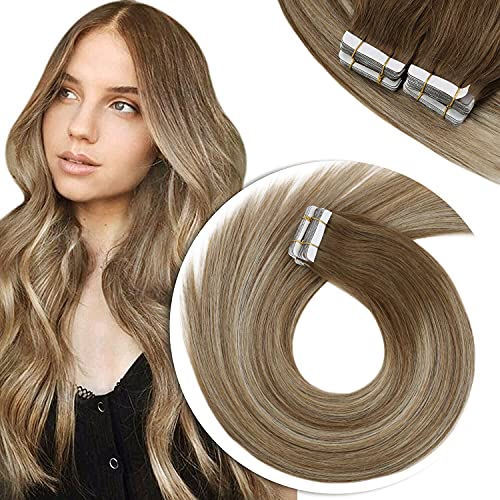 Tape in Hair Extensions Human Hair Balayage 18inch Double Sided Tape Hair Extensions Ombre Brown Mix Golden Blonde 20pcs 50g