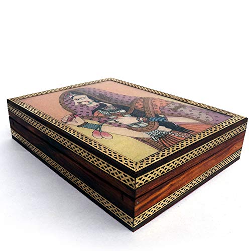 Image of Gemstone Bani Thani Print Wooden Jewelry Box for Women, Brass Border Gemstone Painting Wooden Jewelry Box (8.25 inch Length), Valentine Day Gift.