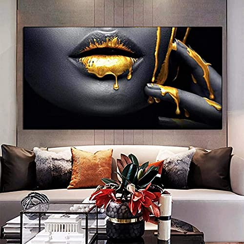 KTMAID Pop-Art-Dekor Golden lips bild,Golden Sexy Lippen Leinwand Gemälde Drucke,Modern Wandbilder Wohnzimmer Deko Ungerahmt (70X120CM) Cover