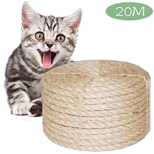 O'woda Natural Cuerda de Sisal Gatos 8mm, para Reemplazo Árbol Rascador para Gatos, Accesorios de Bricolaje Manualidades (Natural, 20M)