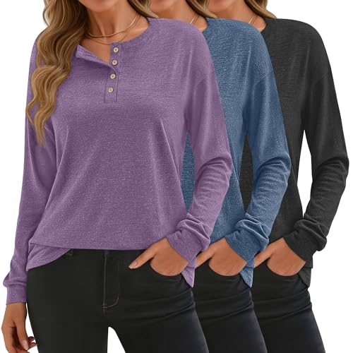 Riyiper 3 Pack Women's Long Sleeve Henley Tops, V Neck Button Up Tunic Top Casual Shirts Loose Fit T Shirts Pullover Tunics