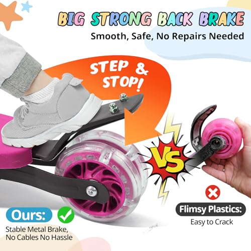 Kick Scooter for Kids 3-7 Ages - Light Up 3 Wheel Scooters,Lean-to-Steer,Three Adjustable Height Scooter for Kids, Wide Dual Rear Wheels,Safe Stable Ride for 3-5,5-7 Year Old Girl Boy Kid - Pink by Wefaith - Image 6
