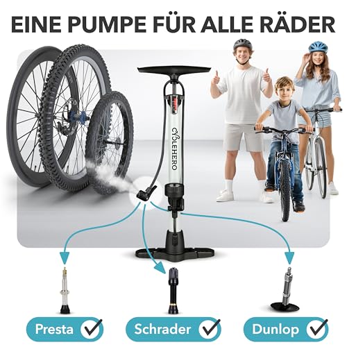 Fahrradpumpe alle Ventile * Test SEHR GUT - 10 Jahre GARANTIE * Leistungsstarke Luftpumpe Fahrrad– Fahrradpumpe Französisches Ventil - Standpumpe mit Manometer - Pumpe Standluftpumpe