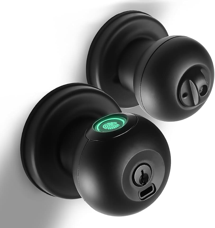 Buoan Fingerprint Door Lock, Smart Fingerprint Door Knob with Lock, Biometric Black Door Lock, Keyless Thumbprint Entry Door Lock for Bedrooms, Hotels, Apartments, Offices and Garages