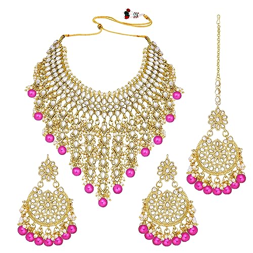Image of Peora Kundan & Beads Studded Necklace Earrings & Maangtikka Set Ethnic Jewellery for Women & Girls