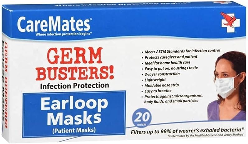CareMates Soft Disposable 3-Ply Elastic Earloop Patient Mask, Fluid Resistance, 99% Bacterial & Small Particle Filtration, Breathable, 20 count Pack of 5