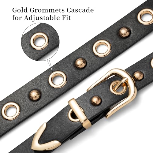 Image of Grommet Belt Women, Black Studded Belt Adjustable for Teens | Faux Leather, Single Grommets, Fashion Aesthetic Y2K Punk Goth Belt Accessory, For Jeans /Pants /Skirts