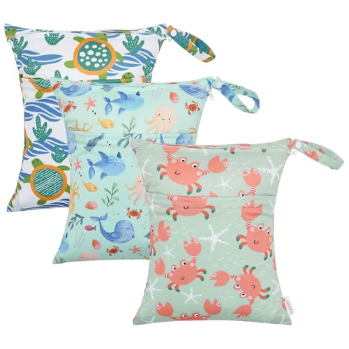 ALVA ALVABABY 3pcs Cloth Diaper Wet Dry Bags Waterproof Reusable with Two Zippered Pockets Travel Beach Pool Daycare Soiled Baby Items Yoga Gym Bag for Swimsuits or Wet Clothes 3L-ZM15A