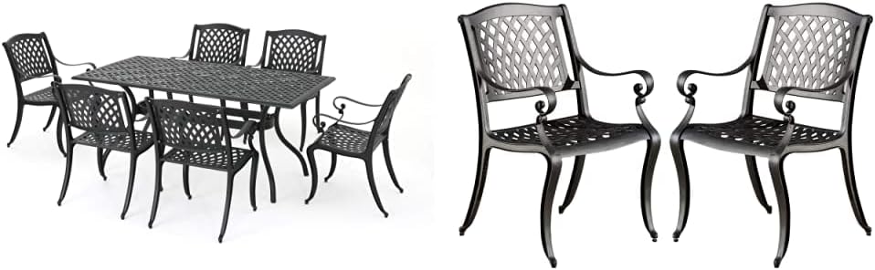 Christopher Knight Home Cayman Outdoor 6-Seater Cast Aluminum Dining Set, 7-Pcs Set, Black Sand Hallandale Outdoor Cast Aluminum Chairs, 2-Pcs Set, Antique Matte Black