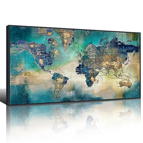 Image of Pogusmavi World Map Wall Art for Living Room - Large Framed World Maps for Wall, Green Abstract Canvas Artwork for Walls, Modern Office Decor, Map Wall Art for Men (Black Framed) 29x58IN