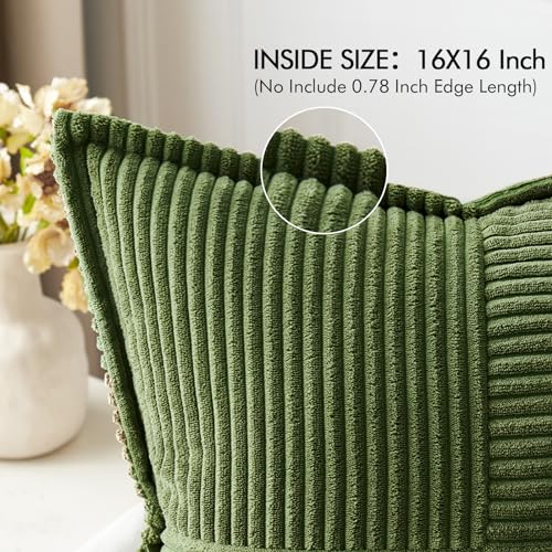Image of MIULEE Spring Decorative Throw Pillow Covers for Couch Bed Livingroom 16x16 Inch Set of 2 Moss Green Boho Accent Throw Pllows Broadside Striped Patchwork Soft Corduroy Summer Pillowcases
