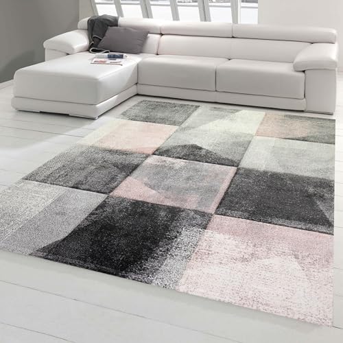 Moderner Teppich Wohnzimmer abstraktes Karomuster in grau rosa Creme Größe 240 x 340 cm