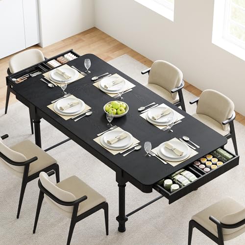 MAHYIZYI Fluted Dining Table for 6 to 10 People, 79'' Long Rustic Dinner Table with Drawers, Farmhouse Rectangular Wooden Tables for Kitchen, Dining Room, Living Room (Black)