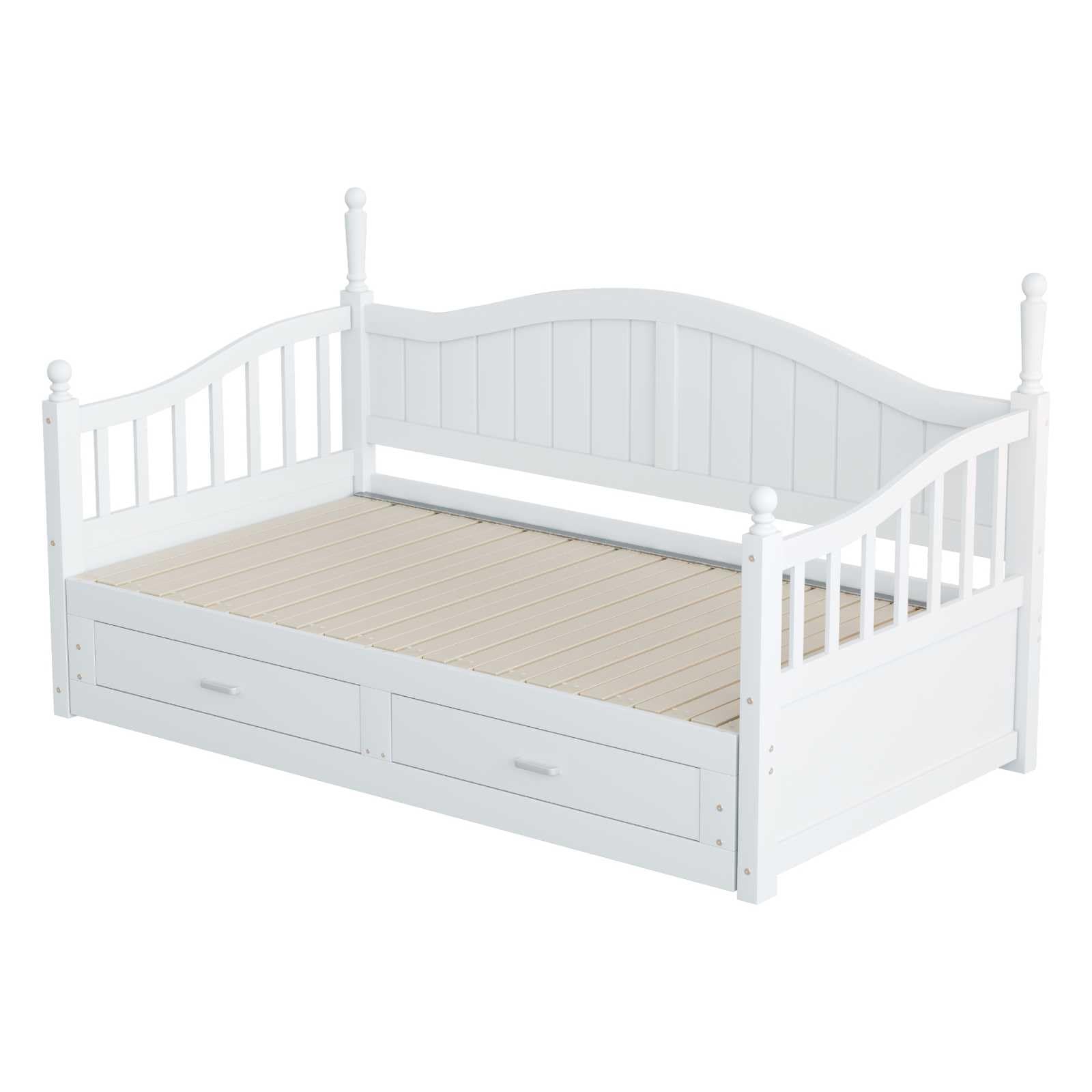 YEHTOKHOME 90/180x190 cm canapé-lit en Bois Massif Extensible avec 2 tiroirs, Multifonctionnel avec lit escamotable et sommier à Lattes, avec Dossier et accoudoirs(sans Matelas) (Blanc)