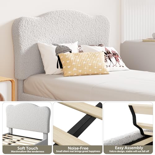 Image of GarveeHome Kids Full Size Bed Frame with Adjustable Headboard, Sherpa Fleece Upholstered Modern Platform Bed Frame Full with Sturdy Wood Slats, No Box Spring Needed, Easy Assembly, Light Grey