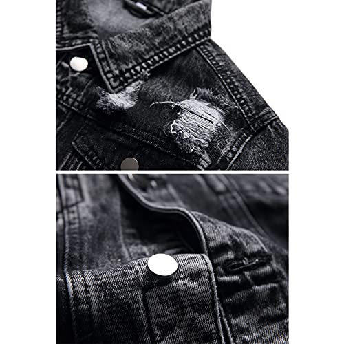 Image of RANMCC Men's Elastic Ripped Denim Jacket, Vintage Washed Frayed Trucker Coat, Lightweight Casual All Season Street Outerwear