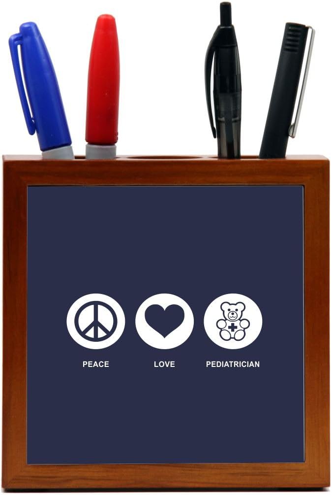 Peace Love Pediatrician Blue Color Design 5-Inch Tile Wooden Tile Pen Holder (RK-PH42637)