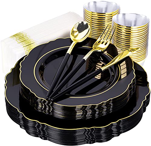Fomoica 175Pcs Black Plastic Plates With Black Gold Silverware - Reusable Dinner Plates, Forks, Spoons, Knives, Cups, Napkins – Disposable Premium Plastic Dinnerware Set – Birthday Parties, Wedding, #TOP8