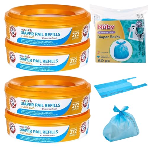 Image of Munchkin A&H Diaper Pail Refill Rings, 4-Pack Holds Up to 1,088 Diapers Total + 50 Diaper Sacks, Lavender Scent, 7-Layer Bags,
