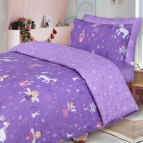 DTEX HOMES - 100% Cotton Kids Childrens Bedding Set Reversible Duvet Cover With Pillowcases and Matching Fitted Sheet (Unicorn Purple, Toodler Complete Set)