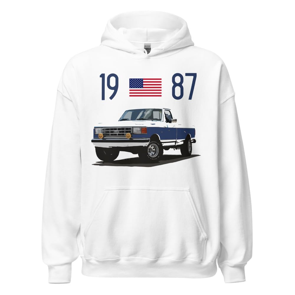 1987 F150 biała z niebieskim paskiem pickup truck właściciel bluza z kapturem
