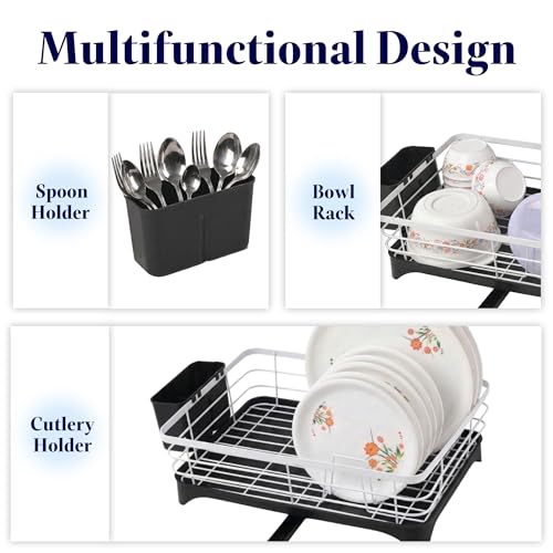 Image of Kuber Industries Stainless Steel Kitchen Drying Rack with Drain Tray & Cutlery Holder | Countertop Utensils Stand | Dish Rack for Kitchen | Bartan Stand | White