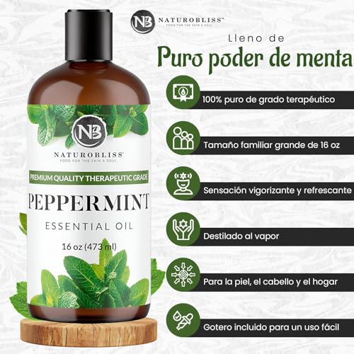 Image of NaturoBliss Peppermint Essential Oil, 100% Pure and Natural Therapeutic Grade, Premium Quality Peppermint Oil, 16 fl. Oz - Perfect for Aromatherapy and Relaxation