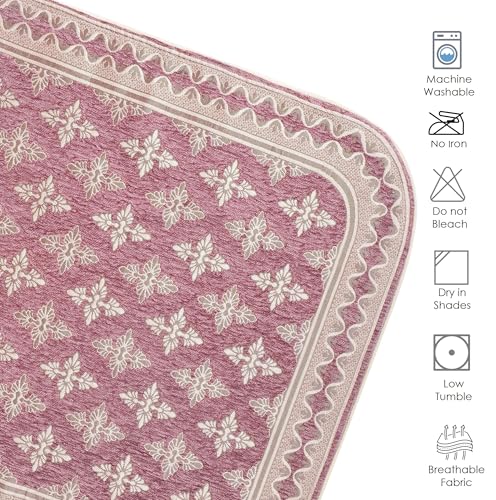 Image of Premium Pink Chenille Woven Anti-Slip 5 Seater Sofa Cover with Armt Rest | L-Shape Sofa Seat Protector for Living Room | Durable & Stylish Slipcover - Onion Pink - Floral