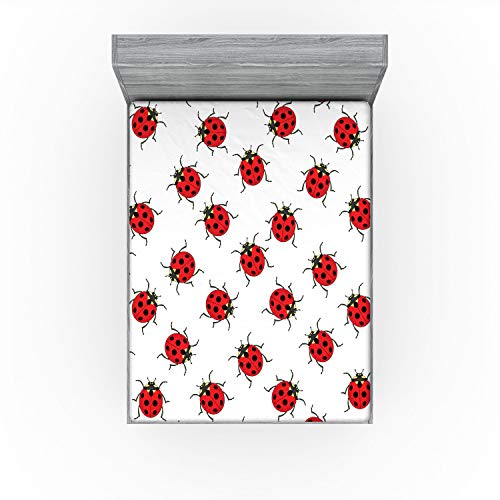Ambesonne Cartoon Fitted Sheet, Repetitive Ladybugs Pattern of Dotted Marked Animal Theme Funny Cartoonish Print, Soft Decorative Fabric Bedding All-Round Elastic Pocket, Full Size, White