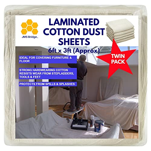 JMS Bridge 2 x Cotton Dust Sheets for Decorating, Painting, Furniture | Laminated Dust Sheet with Cotton Twill Backed with Plastic Polythene Sheeting | 6ft x 3ft | Paint | Drop Cloth | (2xLT63)