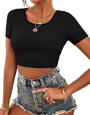AMAZON - INFITTY Women’s Cute Crop Top Summer Trendy Short Sleeve Scoop Neck Slim Fit Tee Shirt Blouse Y2K 2023 Black Size XL