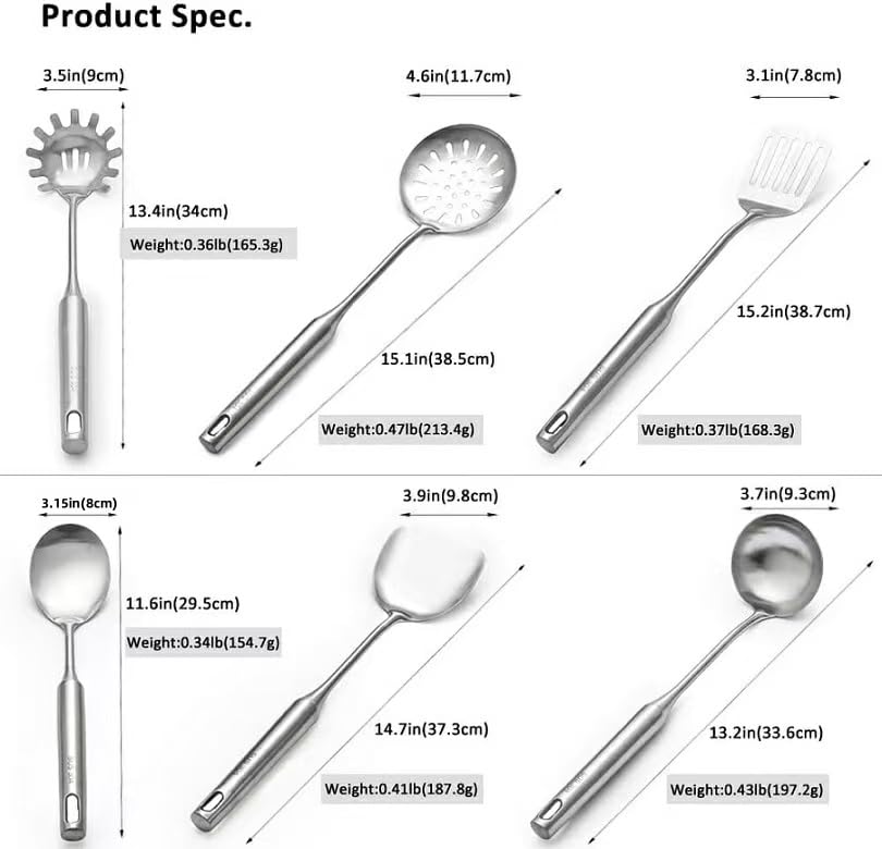 Juego de 7 utensilios de cocina de acero inoxidable 304, incluye una espátula, cuchara de sopa, espátula para freír, colador, cuchara de arroz y cuchara de pasta, accesorios de comedor para el hogar