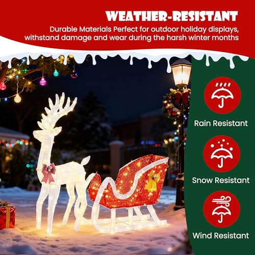 Sweetcrispy 4 FT Lighted Christmas Reindeer & Santa Sleigh Set, Family Outdoor Indoor Xmas Pre-Lit Yard Decoration w/ 180 LED Lights, White Reindeer-Red Santa Sleigh by Sweetcrispy - Image 6