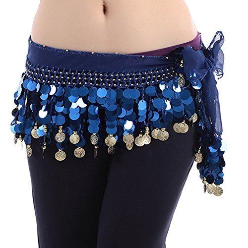Image of VRITRAZ Women's Chiffon Belly Dance Hip Scarf Waistband Belt Skirt Mixed Colors Beads and Golded Coins 56 Black