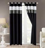 Grand Linen 4 Piece Regatta Black/White/Grey Pin Tuck Stripe Curtain Set with Attached Valance and Sheers