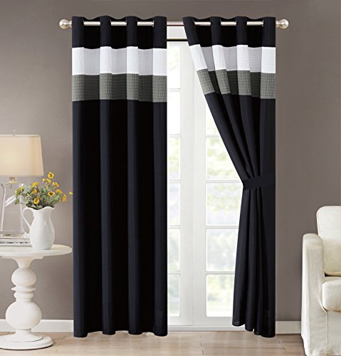 Grand Linen 4 Piece Regatta Black/White/Grey Pin Tuck Stripe Curtain Set with Attached Valance and Sheers