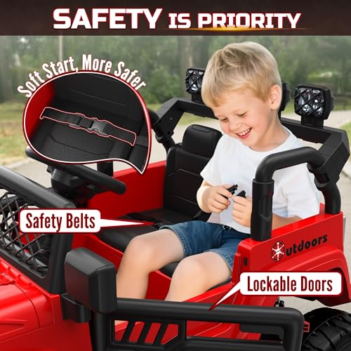 ARBELI 24V 2 Seater Kids Ride On Toy, 4x200W, EVA Tires, Electric Truck Car w/21 Wide Seat, Remote Control, 4WD, 4.5Mph, 4 Wheel Suspension, LED Searchlight, Bluetooth Music & Horn(Red)