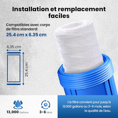 Lot 4 cartouches filtrantes à sédiments 5 microns 10"x2,5" pour maison - Compatible osmose inverse 10" & WP-5, AP110, CFS110, P5, WFPFC4002, CW-MF – vue 6