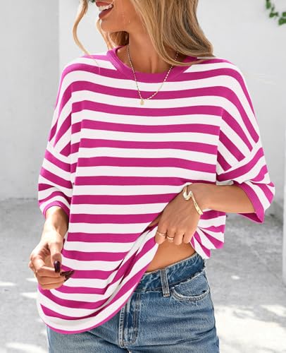 PRETTYGARDEN Womens Spring Summer Tops Fashion Striped Short Sleeve Sweater Crew Neck Lightweight Knit Oversized Shirts 20252