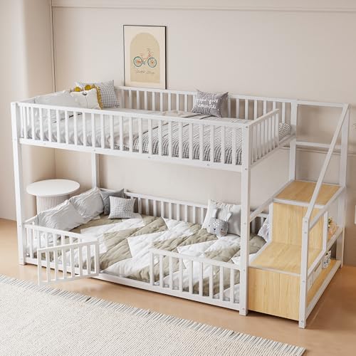 Image of Bellemave Metal Bunk beds Twin Over Twin with Guardrail and Storage Stairs, Floor bunk Bed with guardrail for Kids, White