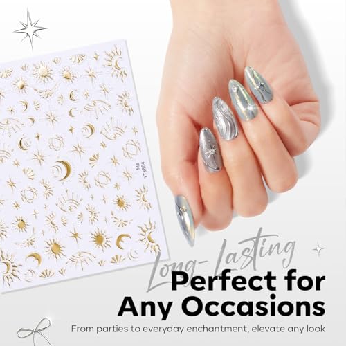 Image of modelones Nail Stickers 3D Self-Adhesive Nail Decals Gold Line Star, Laser Heart & Star Sparkle, Moon Nail Art Holiday Spring DIY Nail Stickers for Women & Kids 5Pcs