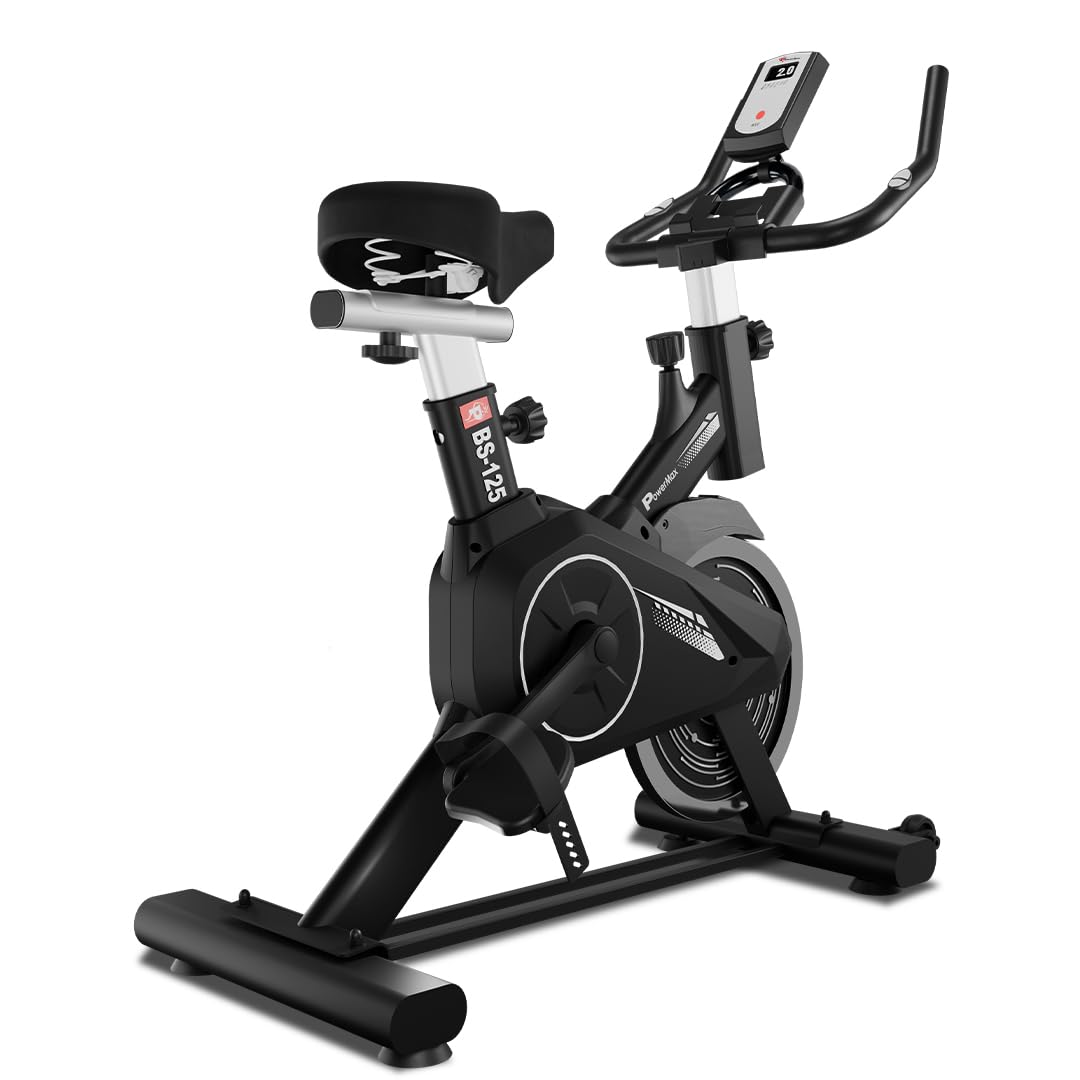 Sponsored Ad - PowerMax Fitness BS-125 Spin Exercise Bike For Home Use,16Mm 6Kg Flywheel,Max User Weight 130Kg,LCD Display,2Pc Crank,Heart Rate Sensor,Knob Braking,Adjustable Foot Strap And Seat,Ipad Holder,Black
