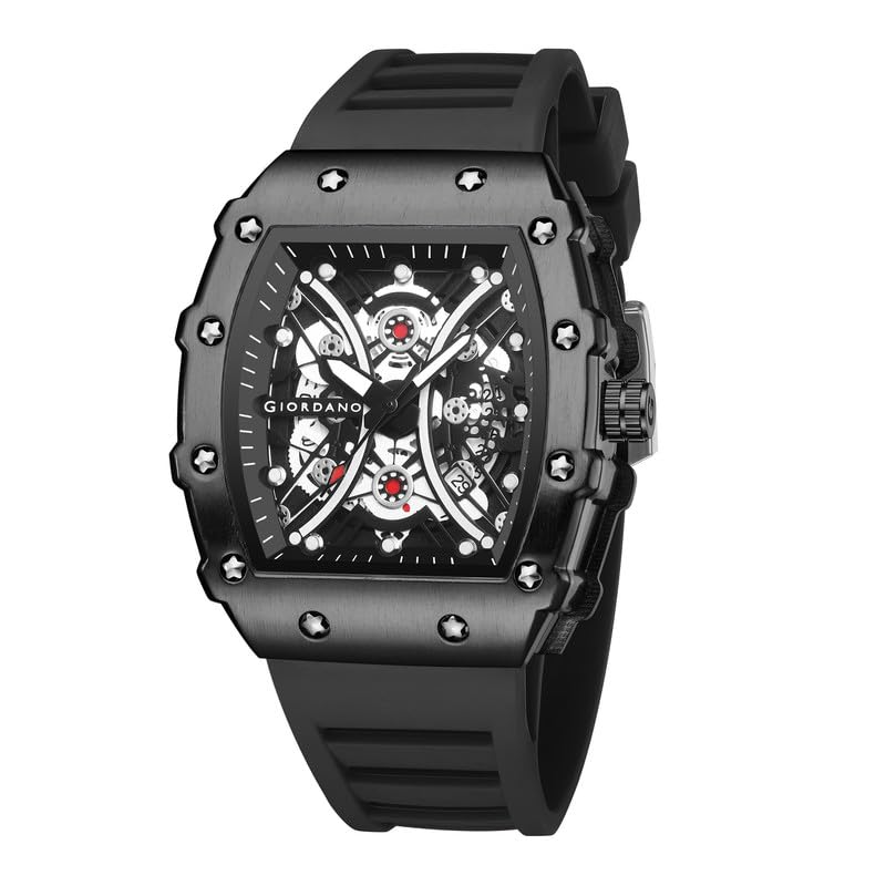 Image of Giordano Analog Square Watch for Men with Skeleton Design, Rugged Textured Case, Luminous Hands, and Silicone Strap